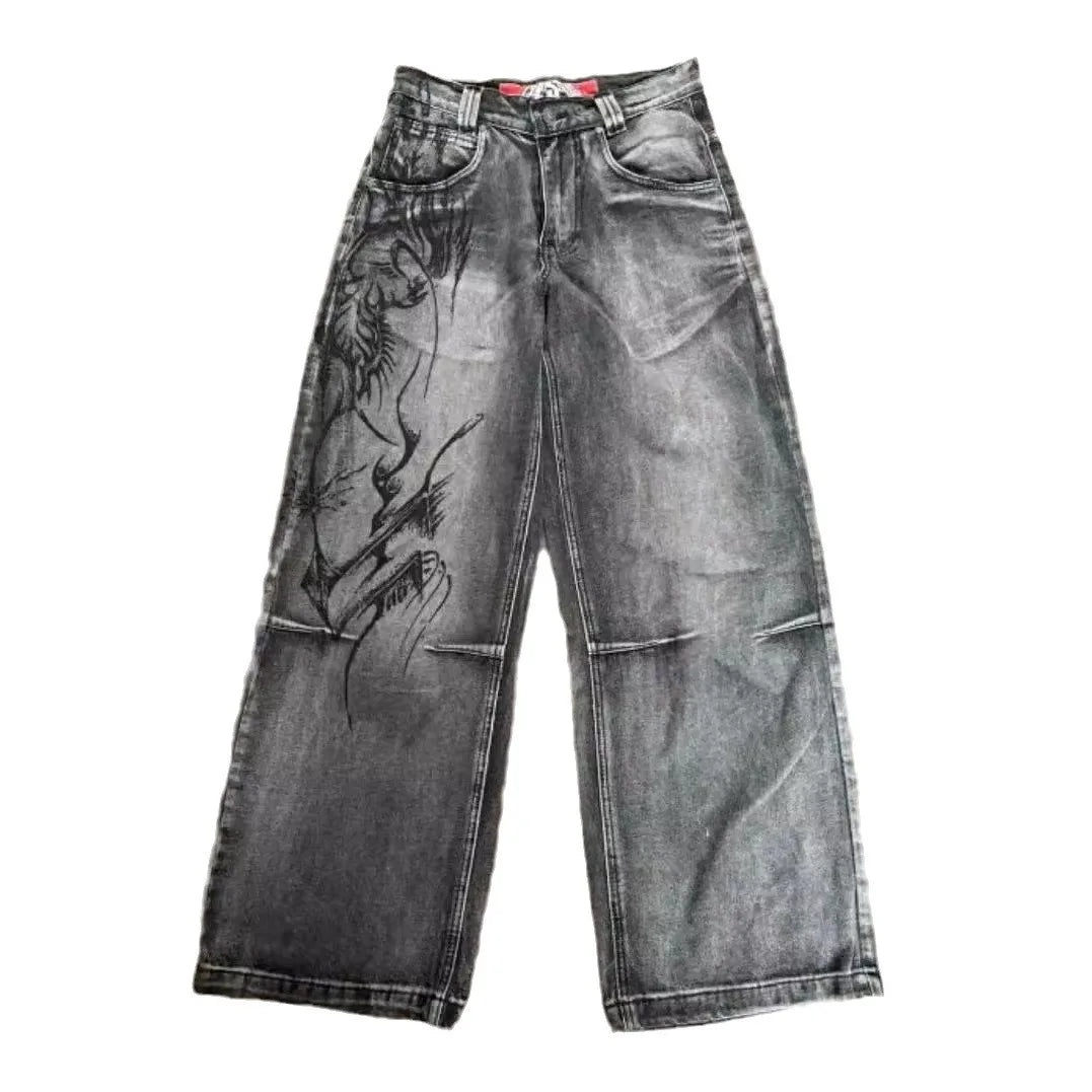 Y2K Vintage Wide-Leg Jeans – Black & Gray Streetwear
