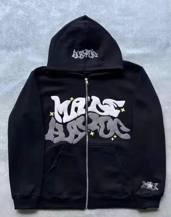 UNISEX RETRO PRINT ZIP-UP HOODIE