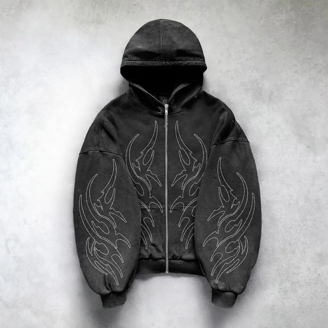 Gothic Punk Graphic Print Oversized Zip-Up Hoodie | Y2K High Street Harajuku Sweatshirt | Retro Hip Hop Streetwear Jacket for Men & Women