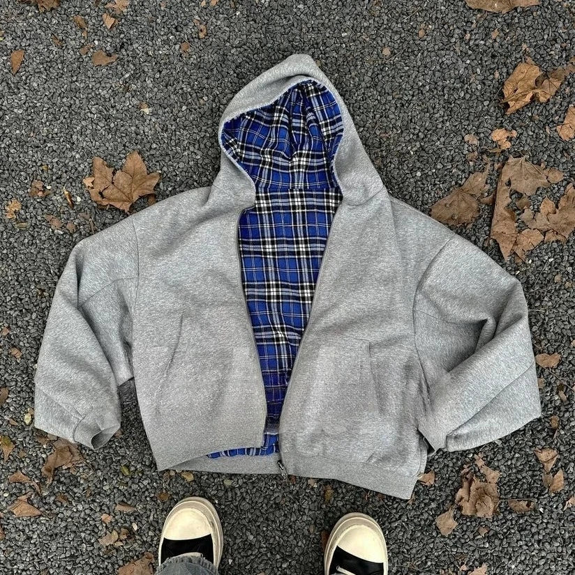 Double-Sided Plaid Loose Zipper Hoodie – Y2K Streetwear Style