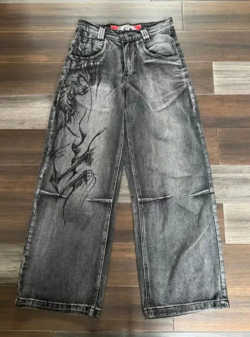 Y2K Vintage Wide-Leg Jeans – Black & Gray Streetwear