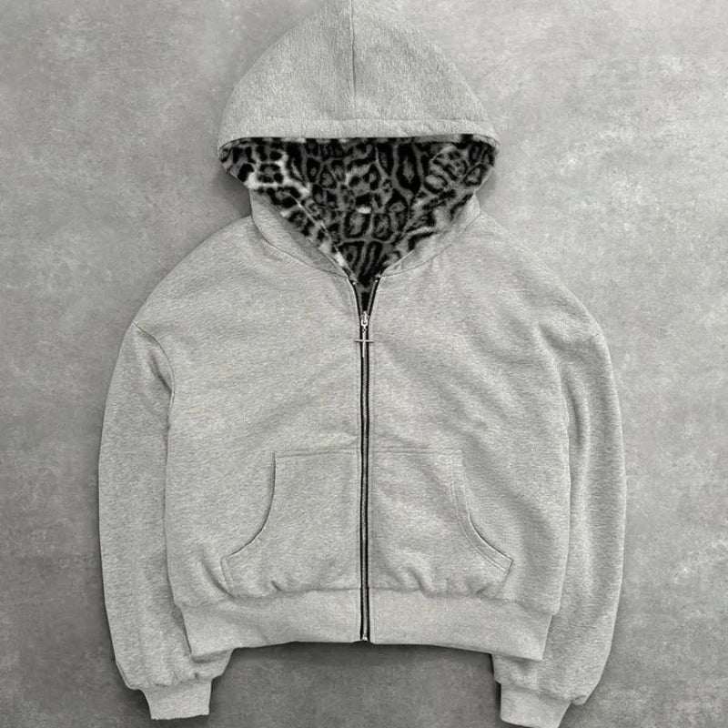 UNISEX GREY AND CREAM LEOPARD SKIN MULTI ZIP-UP HOODIE
