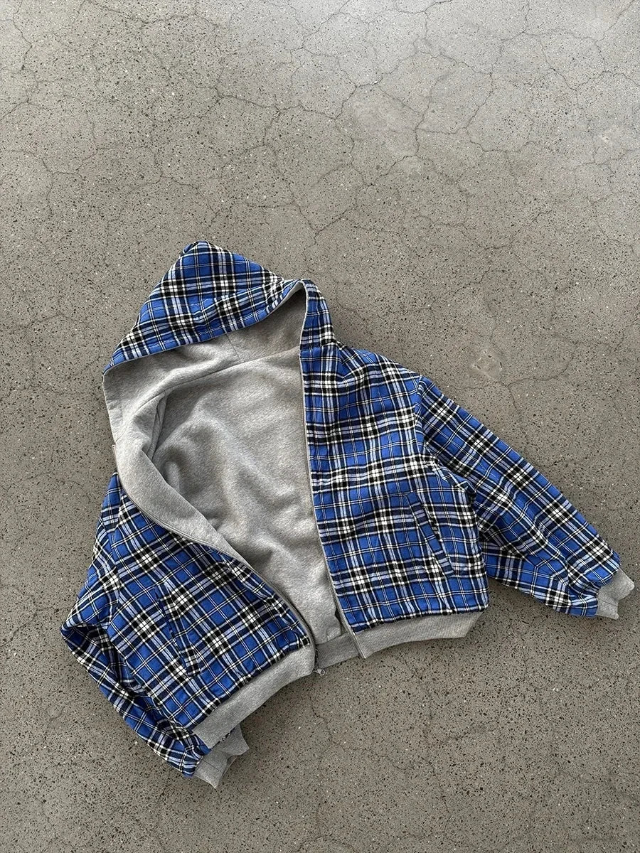 Double-Sided Plaid Loose Zipper Hoodie – Y2K Streetwear Style