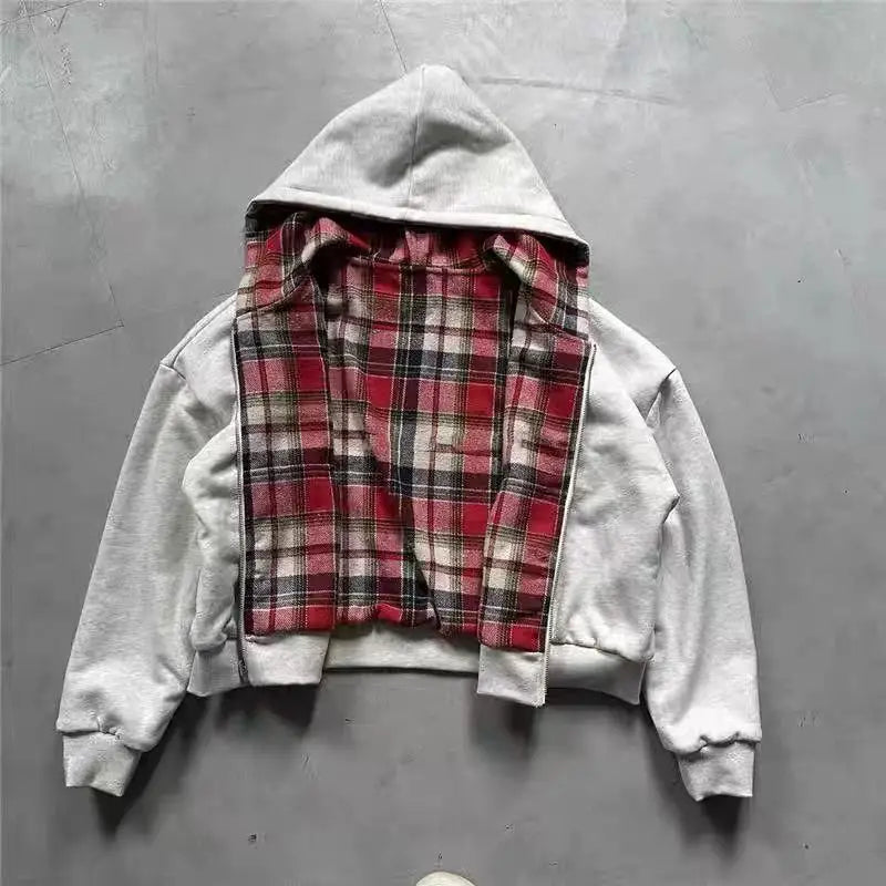 Double-Sided Plaid Loose Zipper Hoodie – Y2K Streetwear Style