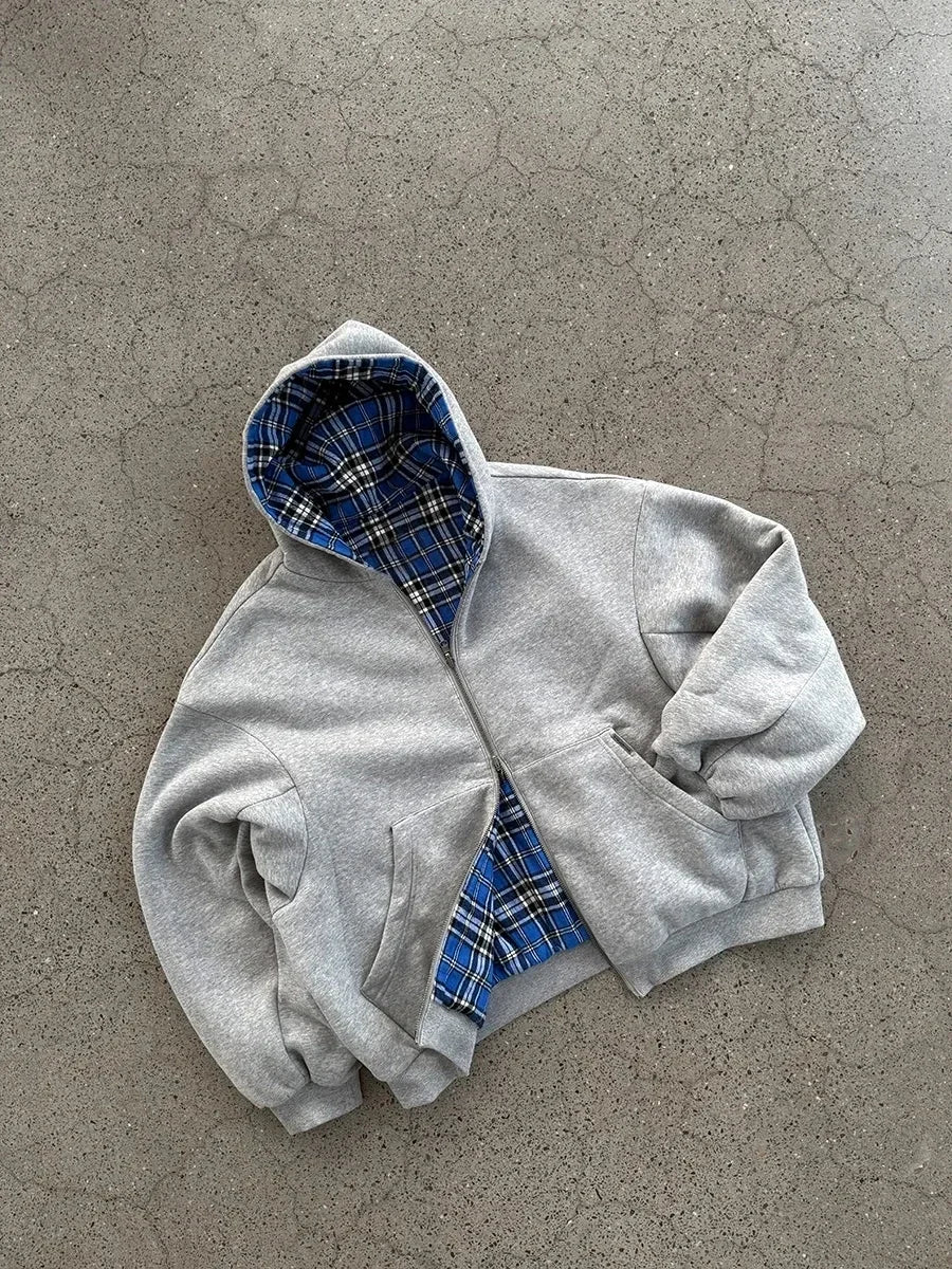 Double-Sided Plaid Loose Zipper Hoodie – Y2K Streetwear Style