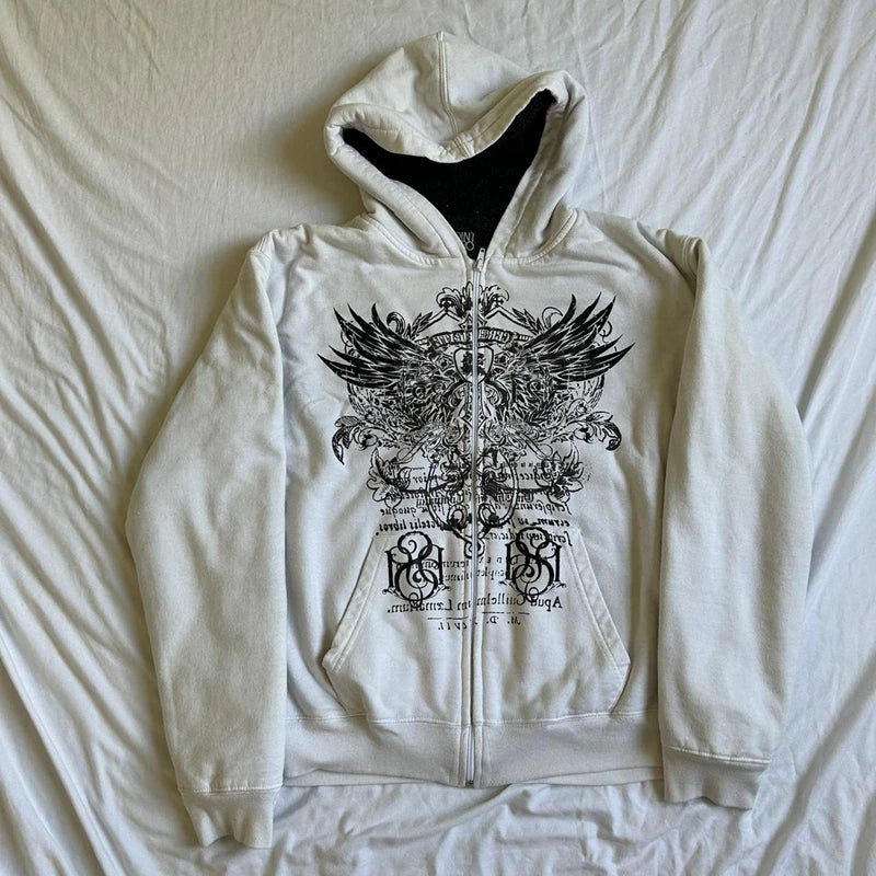 Y2K Vintage Mall Goth Hoodie – Wing Print Graphic Sweatshirt