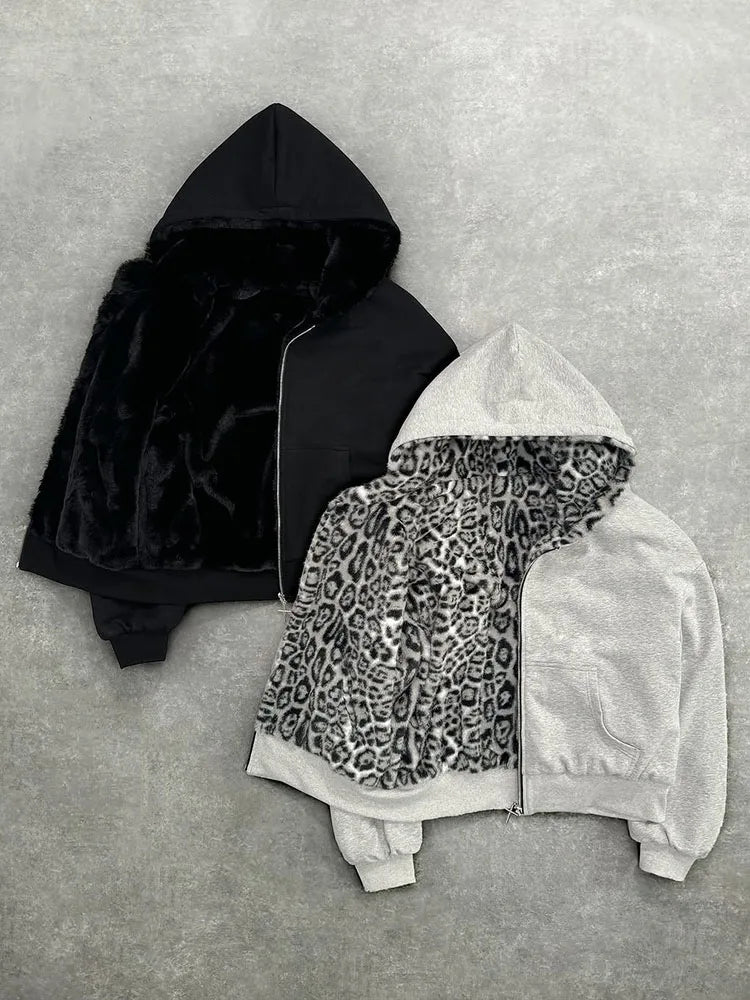 UNISEX GREY AND CREAM LEOPARD SKIN MULTI ZIP-UP HOODIE