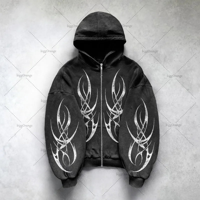 Gothic Punk Graphic Print Oversized Zip-Up Hoodie | Y2K High Street Harajuku Sweatshirt | Retro Hip Hop Streetwear Jacket for Men & Women