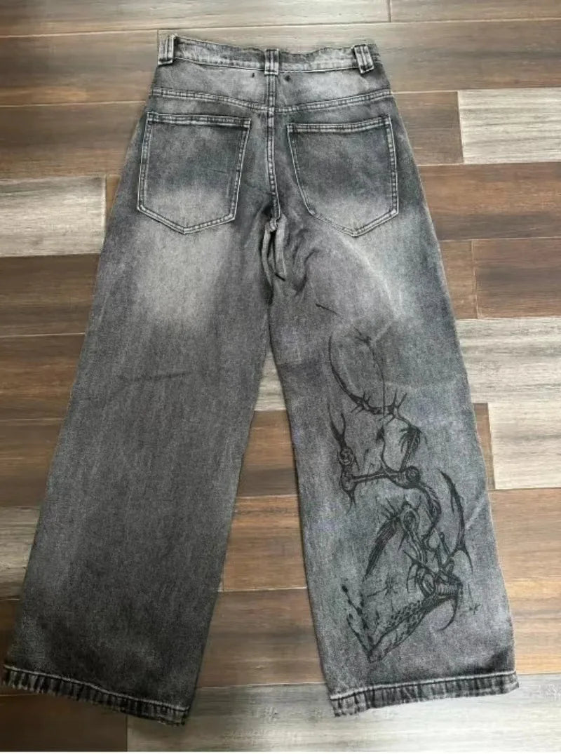 Y2K Vintage Wide-Leg Jeans – Black & Gray Streetwear