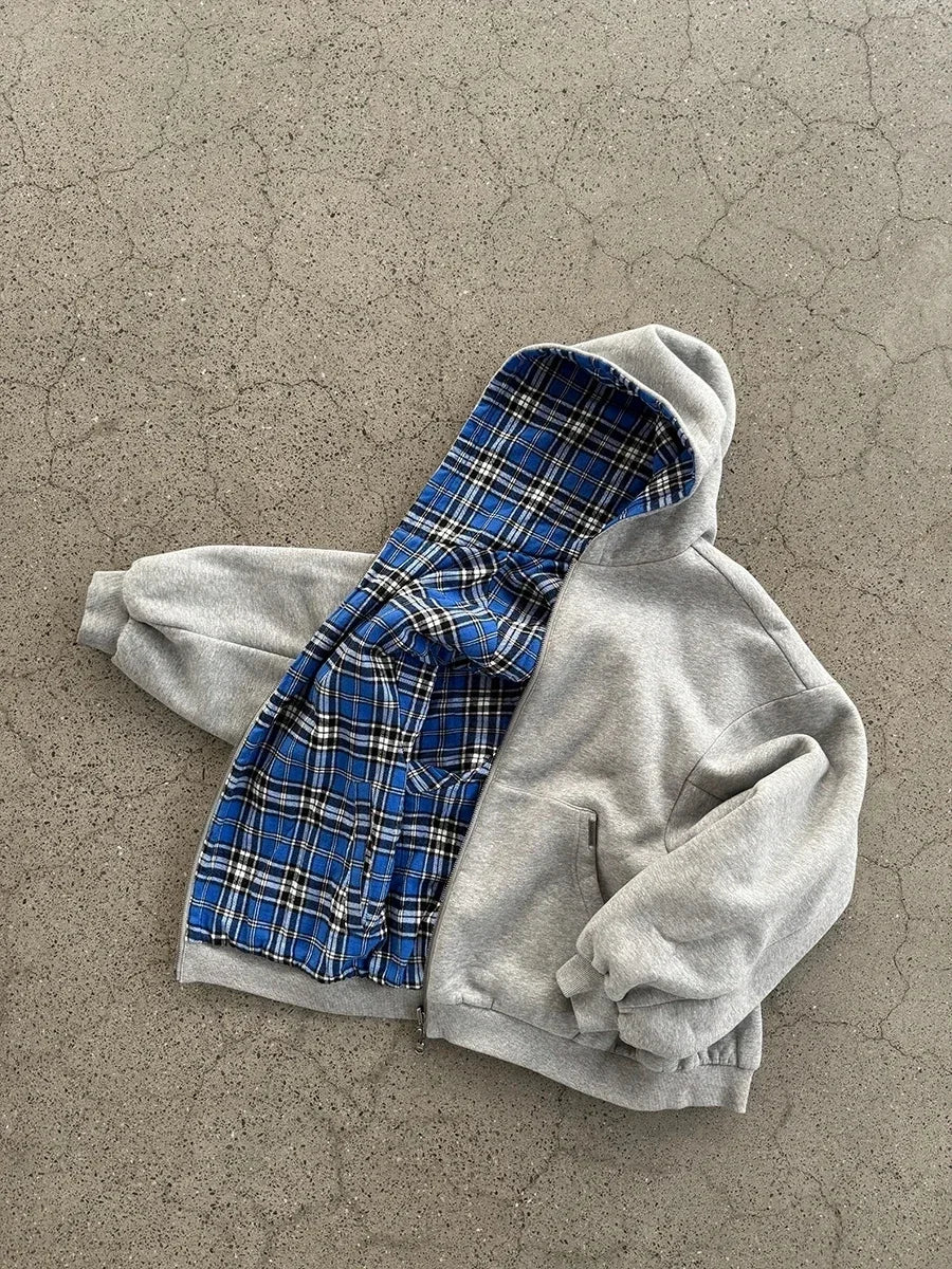 Double-Sided Plaid Loose Zipper Hoodie – Y2K Streetwear Style