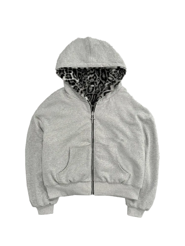 UNISEX GREY AND CREAM LEOPARD SKIN MULTI ZIP-UP HOODIE