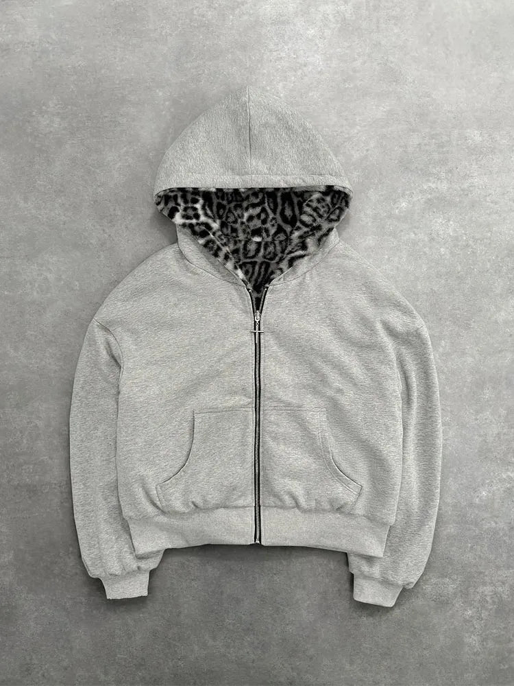 UNISEX GREY AND CREAM LEOPARD SKIN MULTI ZIP-UP HOODIE