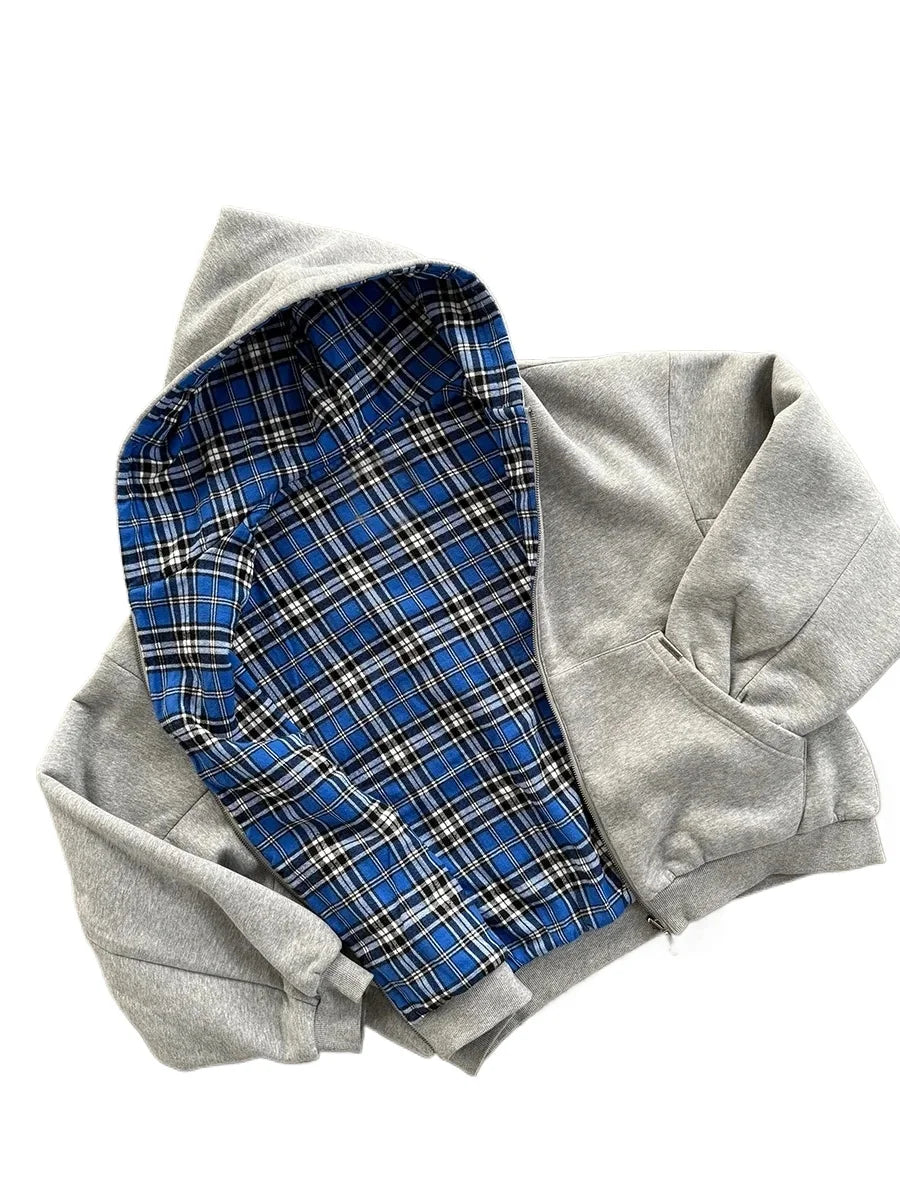 Double-Sided Plaid Loose Zipper Hoodie – Y2K Streetwear Style