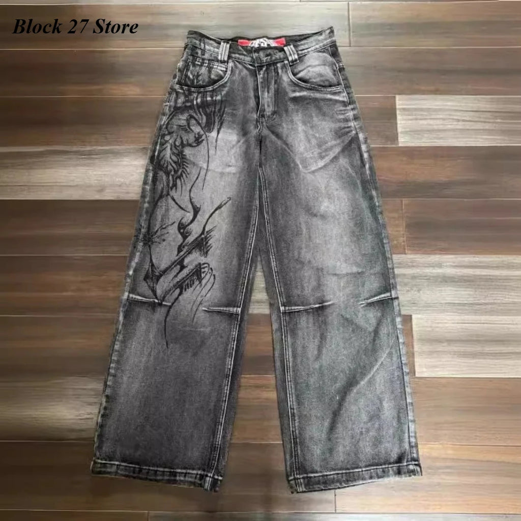 Y2K Vintage Wide-Leg Jeans – Black & Gray Streetwear