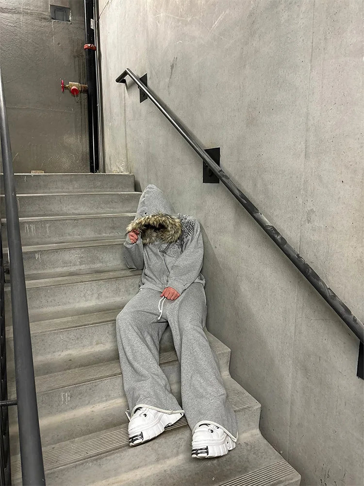 Y2K Harajuku Faux Fur Collar Zip-Up Hoodie – Women’s Gothic Streetwear