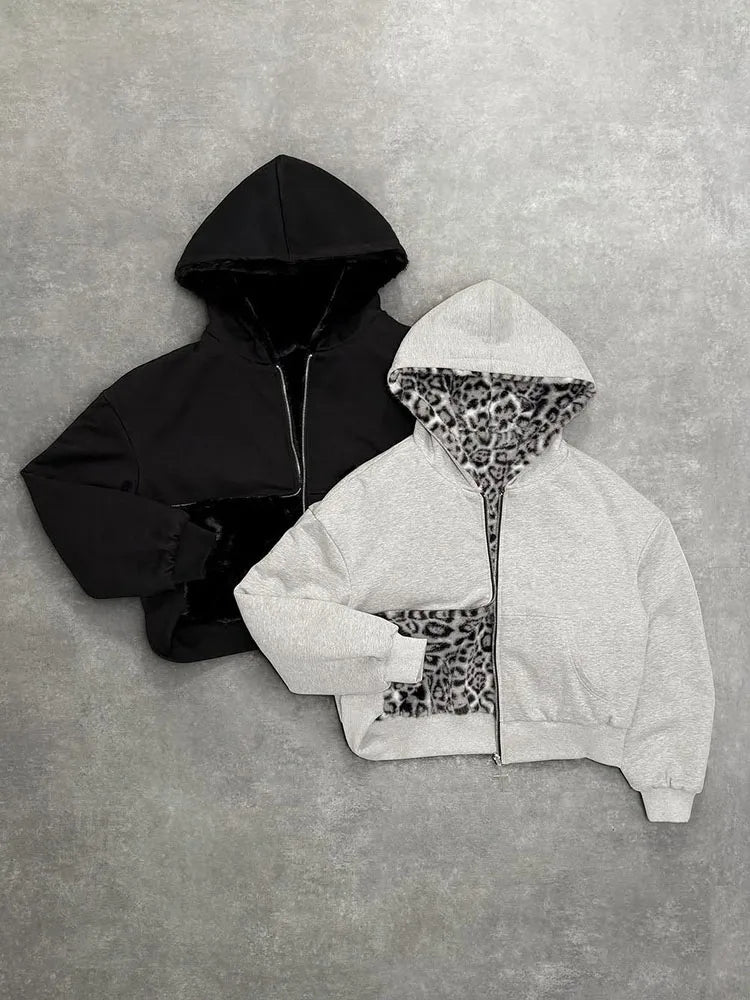 UNISEX GREY AND CREAM LEOPARD SKIN MULTI ZIP-UP HOODIE