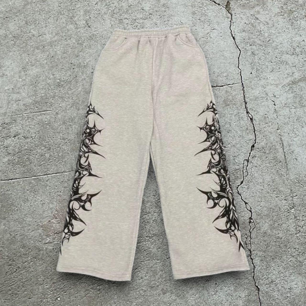 UNISEX GRAY AND CREAM Y2K GRAPHIC JOGGERS