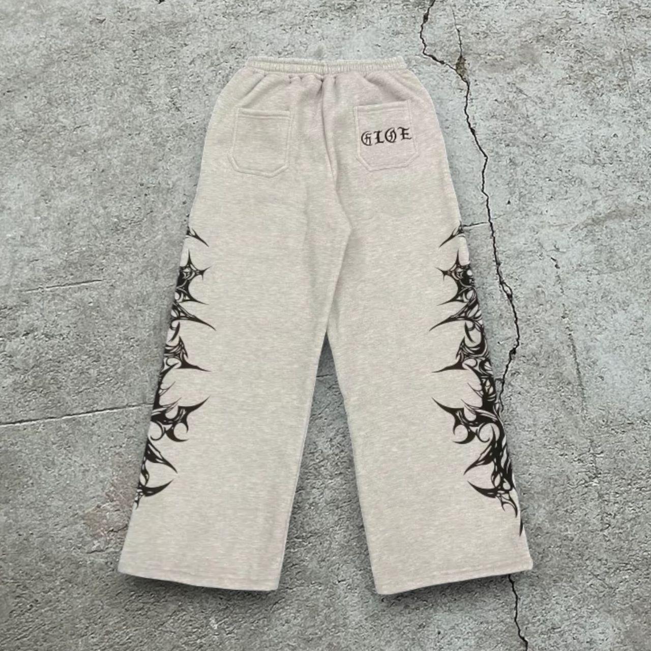 UNISEX GRAY AND CREAM Y2K GRAPHIC JOGGERS